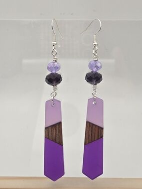 Purple Resin and Wood Inlay Dangle Earrings - Women Jewelry